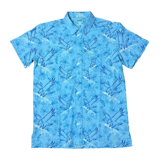 Retro Rifle Other - Retro Rifle Mens Blue Eagle Rifle Hibiscus Short Sleeve Button Down Shirt Large